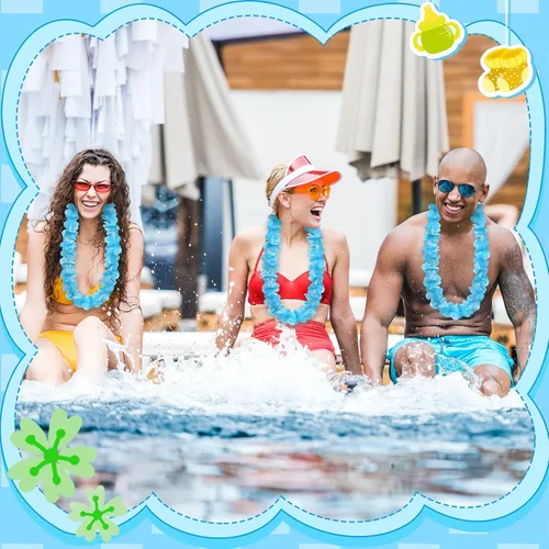 Vista 4 de 24 piezas de collar de flores de Leis hawaianas con luces LED, para playa, tropical, carnaval, fiesta, suministros de boda, Luau para bailes de Azul