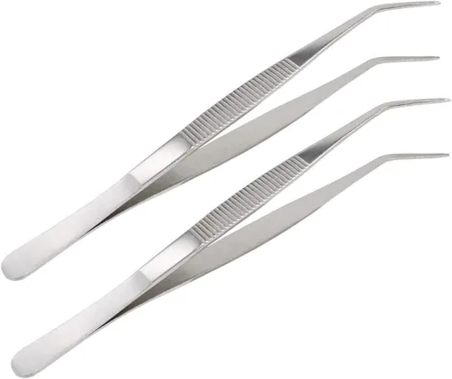 Vista 7 de Pinzas de acero inoxidable de 5 pulgadas con punta dentada curvada, pinzas multiusos para reparación de manualidades, paquete de 2