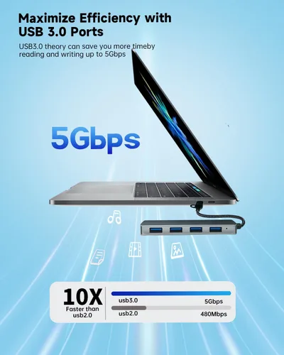 Vista 3 de Hub USB 3.0, adaptador multipuerto USB, concentrador extensor USB de 4 puertos, divisor USB para portátil/PC/MacBook/iPad Pro/iMac y más