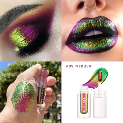 Vista 2 de Sombra de ojos líquida líquida brillante de metal duocromo multicromo, brillo de camaleón, impermeable de alta pigmentación, sombra de ojos líquida