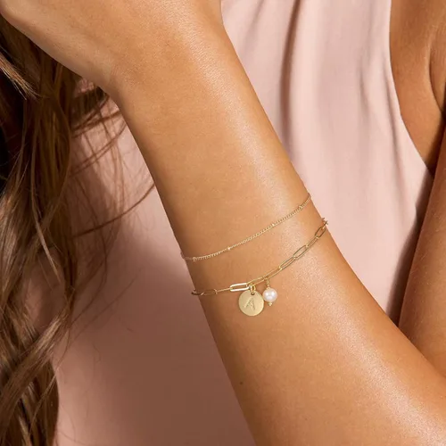 Vista 4 de Pulseras con inicial de oro para mujer, chapado en oro de 14 quilates, pulsera con inicial de letra, ajustable, con eslabones en capas, pulsera