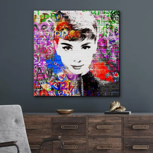 Vista 3 de NWT Lienzo impreso para pared, pintura en aerosol de ladrillo Audrey Hepburn Retrato Graffiti y arte callejero, ilustraciones abstractas, arte