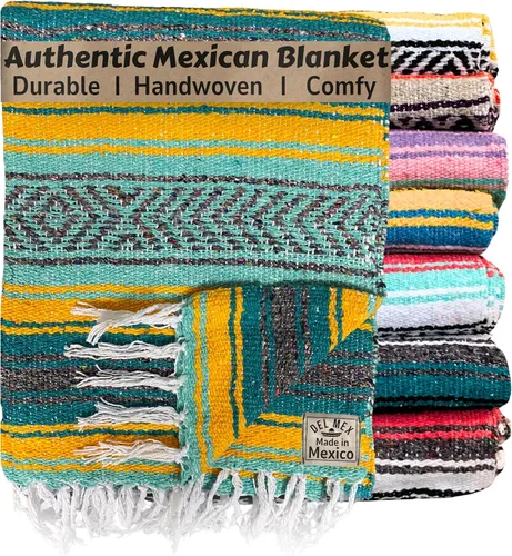 Vista 38 de Del Mex Manta clásica mexicana, gran manta falsa tejida auténtica (70 x 50 pulgadas), decoración artesanal del suroeste para playa, yoga, aire libre