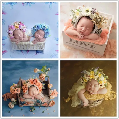 Vista 5 de Accesorios de fotografía para recién nacidos, niños y niñas, sombrero floral para fotos de bebé