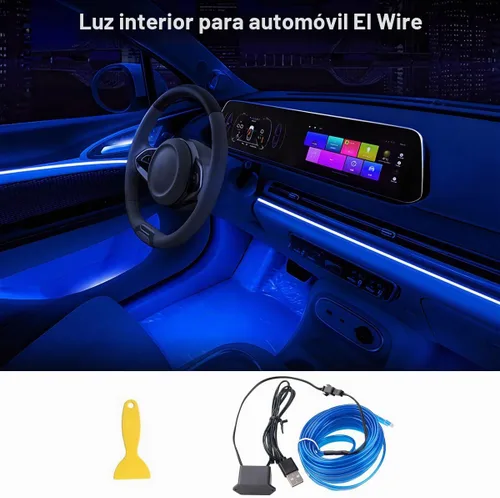 Vista 2 de Tira de luces LED de alambre EL para interior del automóvil, tira de cable USB de neón brillante estroboscópico de 16.5 pies con borde de costura