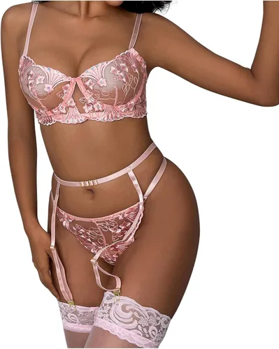 Vista 4 de Lencería sexy para mujer, ropa interior erótica, juego de tres piezas, bordado floral, sello de cintura de acero para el sexo y juego travieso