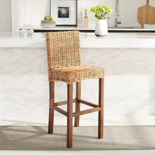Vista 8 de SAFAVIEH Furniture - Taburete de bar Tobie Rattan - Altura del asiento de 29.53 pulgadas - Marrón miel lavado - Madera de mango - Diseño de asiento
