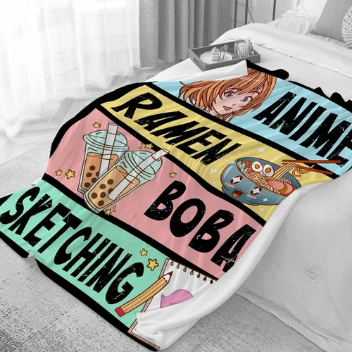 Vista 2 de Manta de anime de regalo para niñas, decoración de anime Kawaii para mujeres, manta de franela de dibujo de anime Ramen Boba, cosas para amantes