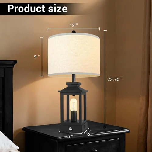 Vista 4 de Lámpara de mesa estilo granja para dormitorio, lámpara táctil negra con puertos USB-C y USB-A, lámparas de noche retro regulables de 3 vías
