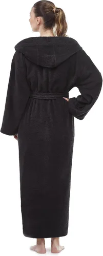Vista 3 de Arus Bata de baño clásica con capucha para mujer, bata de algodón turco con opciones de longitud completa Negro