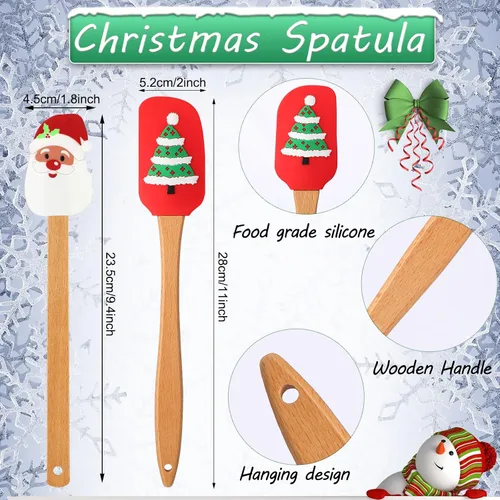 Vista 2 de 8 espátulas de silicona de Navidad con mango de madera, utensilios de raspador de pasteles navideños para hornear, con patrón de Papá Noel