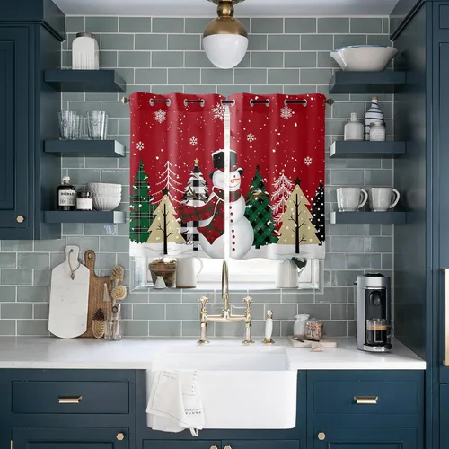 Vista 10 de Libaoge Cortinas de Navidad para cocina, dormitorio, juego de 2 paneles, diseño de muñeco de nieve de Navidad, cortinas de invierno con copos