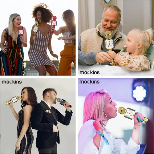 Vista 4 de Mockins Micrófono de karaoke Bluetooth dorado para niños con micrófono Bluetooth integrado, altavoz inalámbrico para karaoke compatible con iPhone