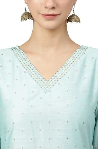 Vista 8 de Janasya Kurta de seda chanderi color verde mar para mujer india con pantalón y dupatta