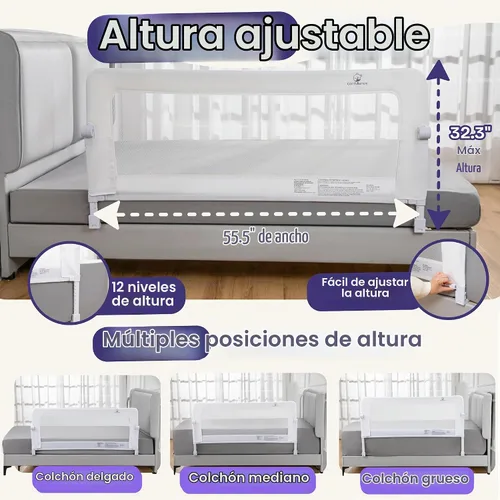 Vista 3 de ComfyBumpy Barandilla de cama ajustable premium para niños, protección de seguridad que se balancea hacia abajo, altura ajustable de 62 cm–82 cm