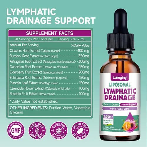 Vista 7 de Gotas de drenaje linfático liposomal, suplementos de drenaje linfático 9 en 1 para desintoxicación y limpieza, con equinácea, diente de león, saúco
