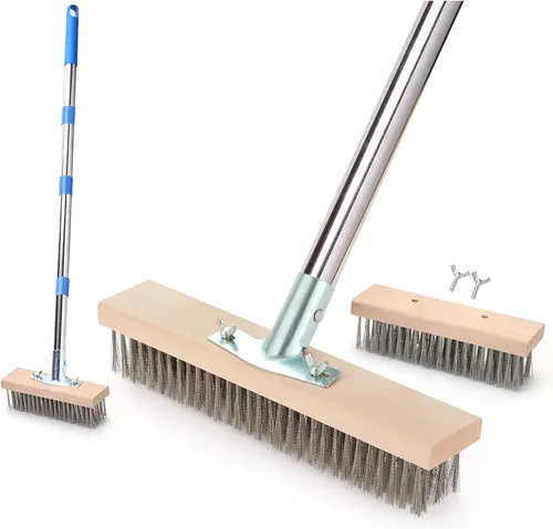 Vista 7 de MAXMAN Cepillo de alambre para fregar con cerdas de acero inoxidable de 63 Mango largo, cepillo de alambre grande resistente, depurador de piso