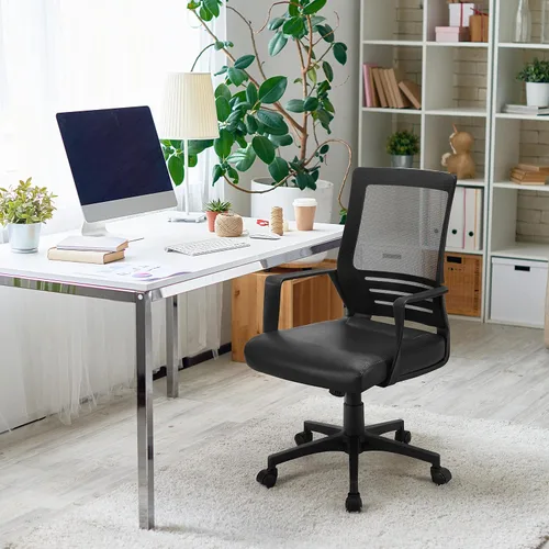 Vista 7 de Yaheetech Silla de oficina de malla con respaldo medio con asiento de cuero, silla ejecutiva para computadora de oficina con reposabrazos y soporte