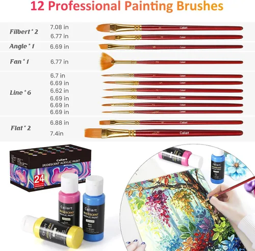 Vista 6 de Caliart - Juego de pintura acrílica iridiscente de 24 colores camaleón con 12 pinceles Craft Painting kit for Adults Artists Beginners, Rich