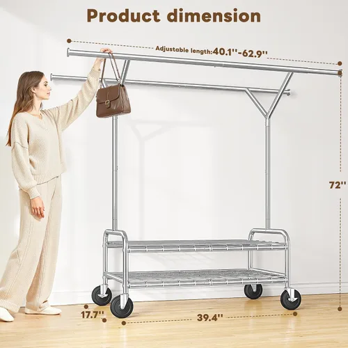 Vista 8 de Raybee Perchero de ropa resistente con carga de 500 libras, perchero con ruedas, doble barra para colgar ropa, perchero comercial portátil