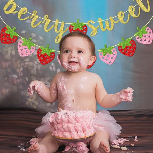 Vista 6 de Banner dulce de fresa y bayas, decoraciones de fiesta de fresa Suministros de fiesta temática de bayas de verano con purpurina dorada para baby