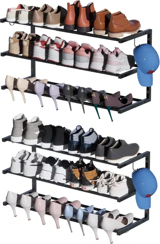 Vista 10 de Zapatero para montar en la pared, zapatero colgante de 3 niveles con capacidad para 12 pares, organizador de zapatos de metal resistente ajustable