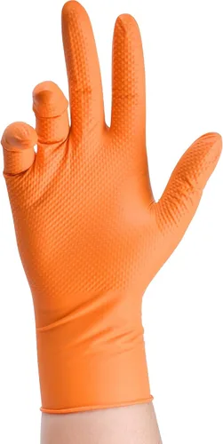 Vista 2 de Guantes industriales de nitrilo naranja resistente, 8 mil, guantes desechables sin látex con agarre de textura de diamante elevado, sin polvo