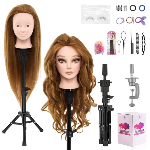 Vista 15 de Cabeza de maniquí de 18 pulgadas de cabello humano con soporte - Cabeza de maniquí 100% cabello real para práctica de maquillaje, cabeza de muñeca