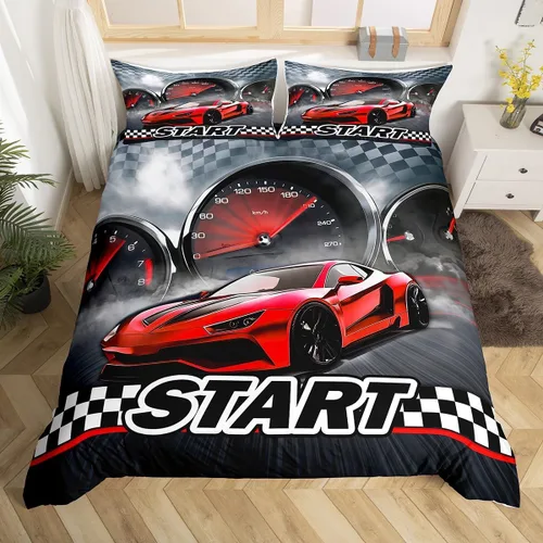 Vista 11 de Erosebridal Juego de ropa de cama de coche deportivo verde para niños, tamaño individual, funda de edredón de autos de carreras para niños