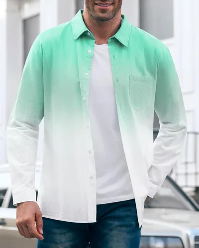 Vista 4 de Camisas de lino degradado para hombre, camisas hippie de manga larga con botones casuales, Verde (Mint Green)