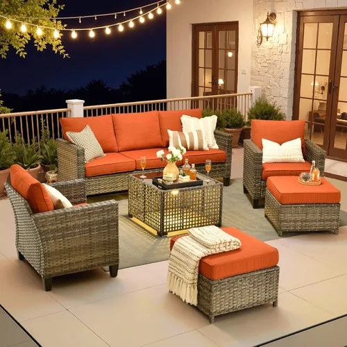 Vista 11 de ovios Juego de muebles de patio de 4 piezas con sofá de exterior, luces solares, mesa, cojines cómodos, sofá de conversación de mimbre de ratán