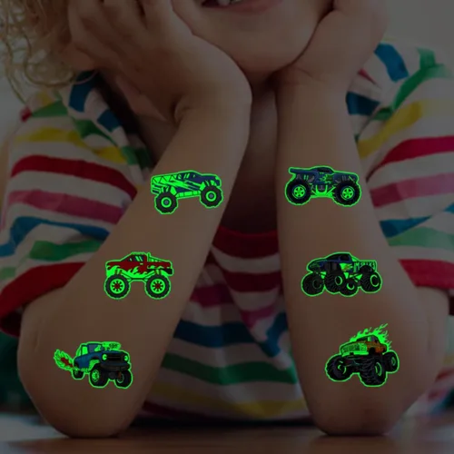 Vista 4 de CHARLENT Tatuajes temporales luminosos de camión monstruo para niños, 12 hojas que brillan en la oscuridad, tatuajes de camión monstruo para niños