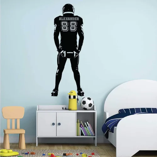Vista 2 de Calcomanía de pared personalizada de fútbol – Números personalizados camisetas de jugador – Elige tu nombre. Calcomanía de vinilo para decoración