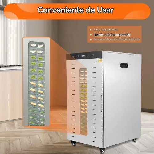 Vista 5 de Deshidratador comercial de alimentos 20 bandejas, máquina secadora de alimentos de acero inoxidable de 1700 W con 4 ruedas y pantalla LED, control