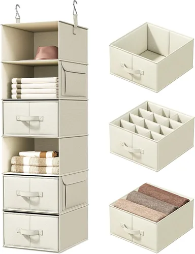 Vista 11 de Vailando Organizador de Armario Colgante de 3 Estantes, Juego de 2 Estantes Colgantes con 2 Cajones para Vestidor, Guardería, Almacenamiento y Beige