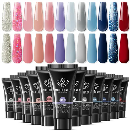 Vista 11 de Modelones - Juego de gel de extensión de uñas de polietileno, kit de gel de 12 colores con tonos rosa brillante y desnudo, para manicura francesa