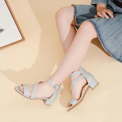 Vista 2 de Sandalias para niñas, tacones para niños, puntera abierta, correa al tobillo, zapatos de vestir, flores para boda, fiesta para niños pequeños