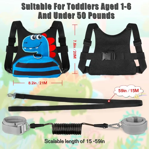 Vista 2 de Correa para niños pequeños - Arnés para bebé con eslabón de muñeca antipérdida para niños y niñas (azul + negro)