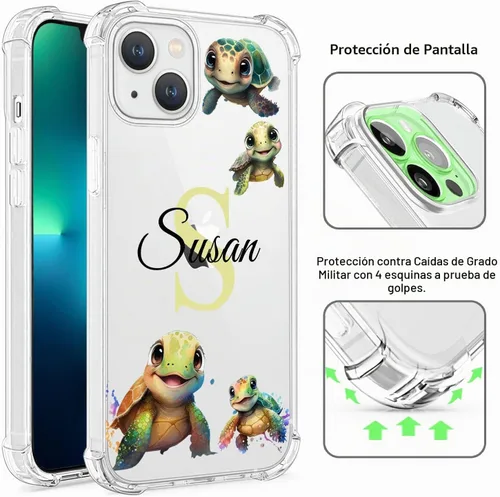 Vista 3 de Nombre personalizado e inicial – Cute Turtle - Funda transparente para iPhone 16 Pro Max 15 14 13 12 11 Xs Max Xr SE3 8 7 6 Plus 11 Pro Mini