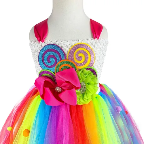 Vista 6 de DosTutu Vestido de caramelo arcoíris para niñas con diadema, cumpleaños, carnaval, fiesta, talla 1-12 años