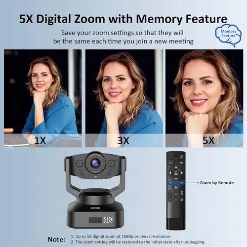 Vista 5 de NexiGo Cámara web con zoom PTZ N990 4K, sistema de cámara de videoconferencia con zoom digital 5X, sensor Sony Starvis, posición preestablecida