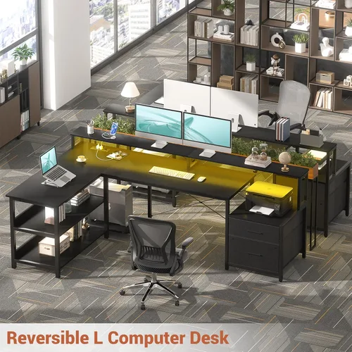 Vista 6 de Aheaplus Escritorio en forma de L con cajón de archivos, escritorio reversible en forma de L para computadora de 72.8" con toma de corriente