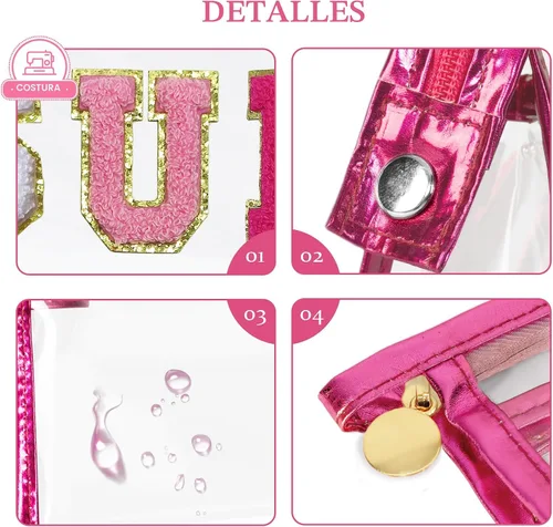 Vista 3 de COSHAYSOO Bolsa de Maquillaje Transparente con Protección Solar, Bolsa de Protector Solar con Parches de Letras, Accesorios Esenciales de Playa