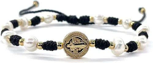 Vista 6 de Cultured Freshwater Pearl Bracelet With St Benedict Medal on Adjustable Red String for Women