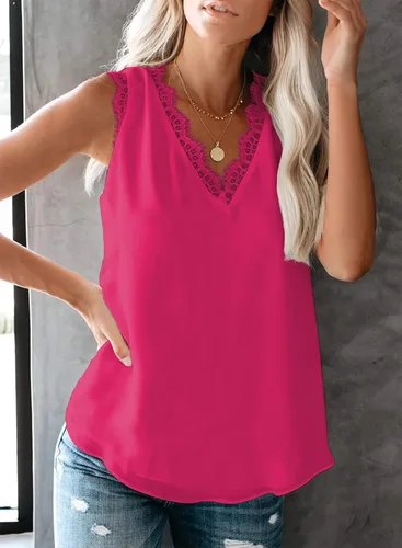 Vista 186 de VIISHOW - Camiseta sin mangas, sexy, con cuello en V y bordes de encaje para mujer, camisola de vestir, camisas de gasa, sin mangas, casuales