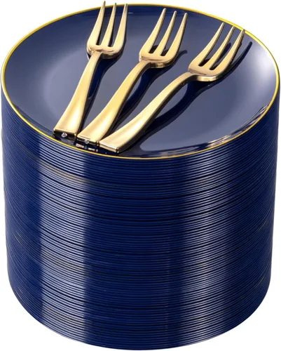 Vista 13 de Festiva 200 Piezas Platos de Postre Negro y Dorado de 6.3" con Tenedores de Plástico de 5"- Platos Desechables Pequeños- Platos de Plástico