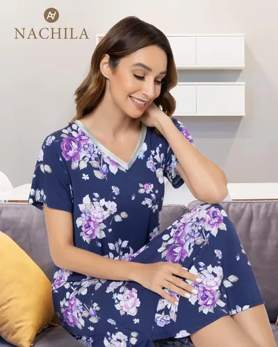 Vista 6 de NACHILA Camisones para mujer, cuello en V, manga corta, ropa de dormir fresca, viscosa hecha de bambú S-XXL