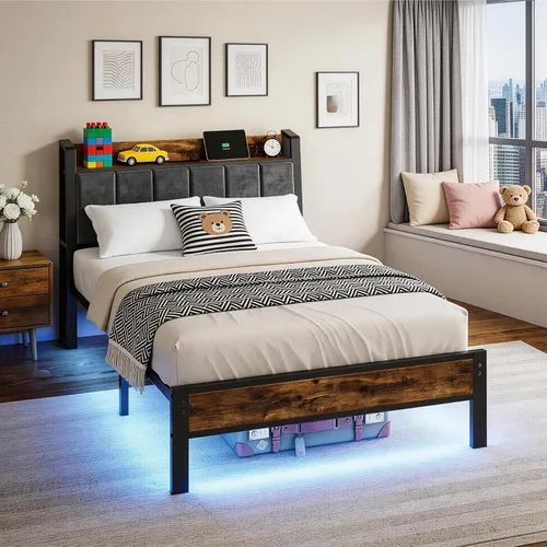 Vista 7 de Liians Base de cama de tamaño individual con cabecera de almacenamiento y estación de carga, luces LED RGB inteligentes, cama de plataforma de metal