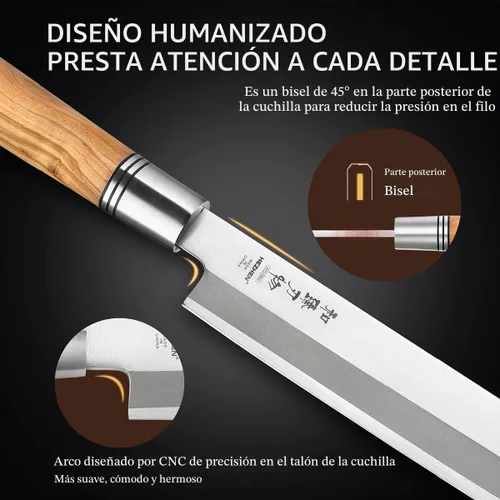 Vista 5 de Cuchillo Sashimi de 9.449 in,Cuchillo de sushi Yanagiba,Mango de madera de olivo con estuche de cuchillo de madera