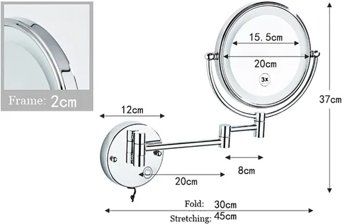 Vista 6 de Espejo de maquillaje LED con luces y aumento de 10 aumentos, espejo de tocador montado en la pared, redondo, de doble cara, con brazo extensible